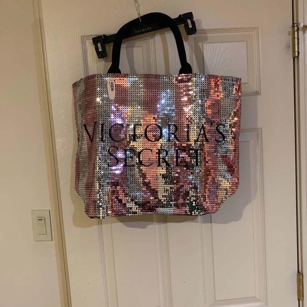 NWT Victoria’s Secret Black/Silver/Pink Sequin Canvas Tote Bag